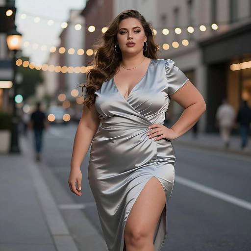 Confident Plus-Size Woman in Silver Satin Dress