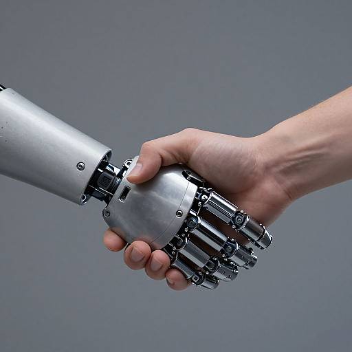 Photograph of a human hand gripping a metallic, robotic prosthetic arm against a plain gray background. The prosthetic is intricate with visible gears and joints