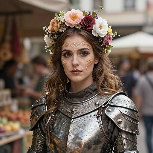 Photograph-style CGI of a young woman with wavy brown hair, wearing silver armor, a floral crown, and gold face paint, standing in a