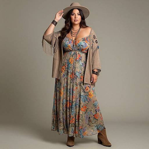 Photograph of a curvy woman with long dark hair, wearing a floral dress, beige fringe jacket, brown hat, layered necklaces, and brown