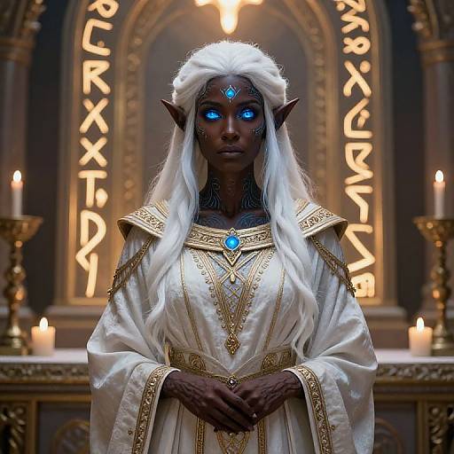 Digital artwork of a dark-skinned, blue-eyed elf woman with white hair and pointed ears, wearing an ornate white robe with gold trim, standing