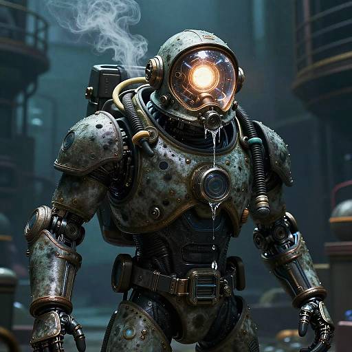 CGI image of a rugged, metallic, space-suited robot with a glowing, smoky visor, standing in a dark, industrial, futuristic