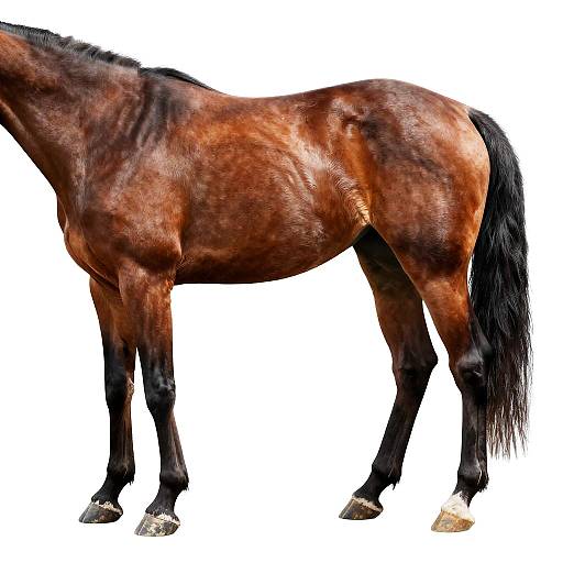 Photograph of a brown horse with a shiny coat, black mane, and tail, standing on white background, showing side profile.