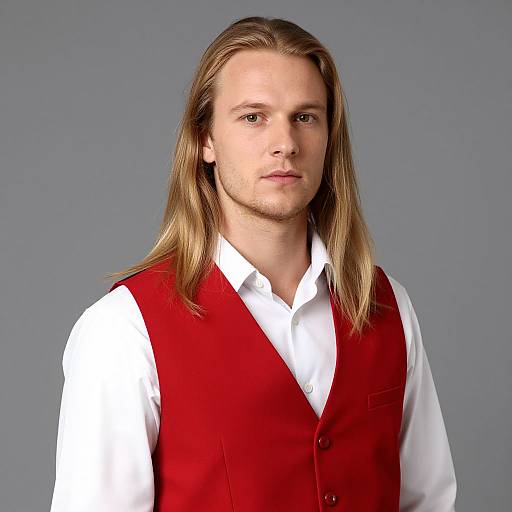 Man with Long Blonde Hair in Red Vest