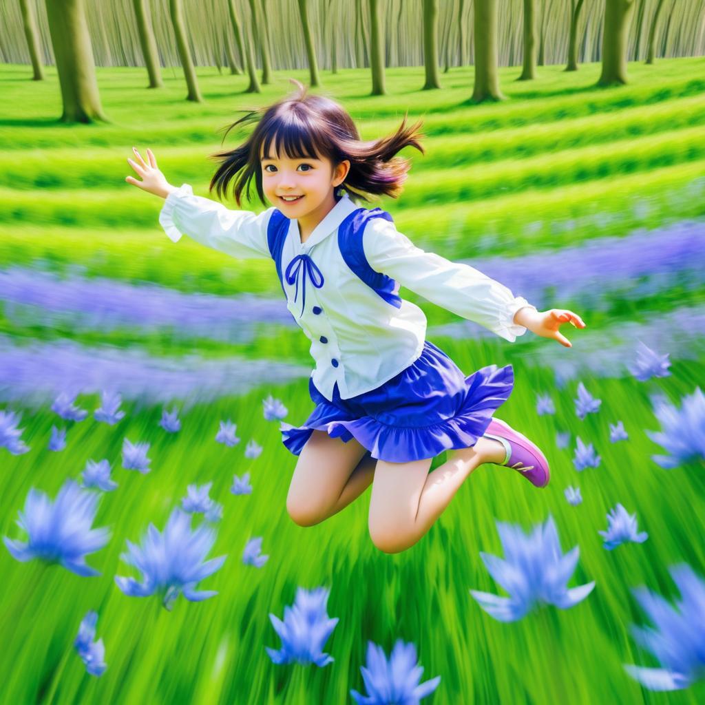 Anime Girl Jumping in Bluebell Field