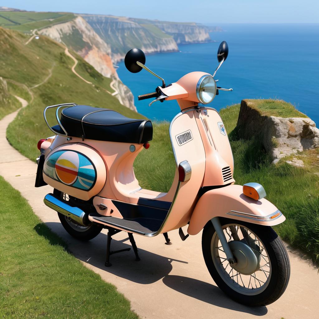 Vintage Peach Moped on Clifftop Path