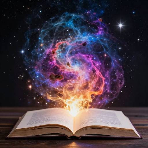 Photograph of an open book emitting vibrant, colorful cosmic flames and swirling nebulas against a starry night sky background.