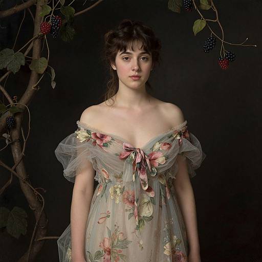 Photograph of a fair-skinned woman with dark hair, wearing an off-shoulder, floral-embellished, sheer dress, set against