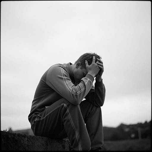 Black-and-white photograph of a man sitting on a concrete ledge, head in hands, wearing a track jacket and jeans, against a cloudy sky background.