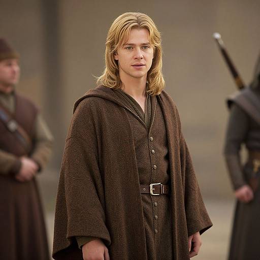 Photograph of a blonde, fair-skinned man with shoulder-length hair wearing a brown, belted medieval robe, standing outdoors with blurred medieval soldiers in