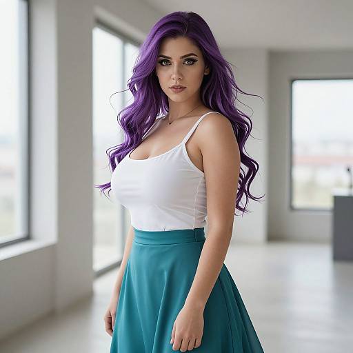 Photograph of a woman with long, wavy purple hair, wearing a white tank top and teal skirt, standing in a bright, modern room with