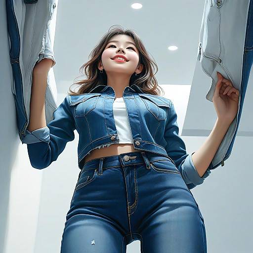 Photograph of an attractive Asian woman with long brown hair, wearing a denim jacket and high-waisted jeans, smiling down at the camera from a