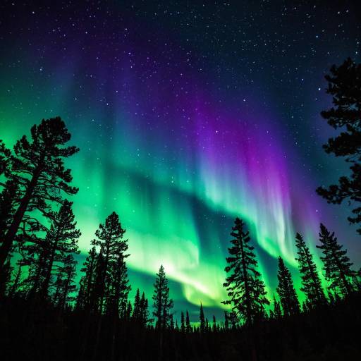 Vibrant Aurora Borealis Over Tall Pines