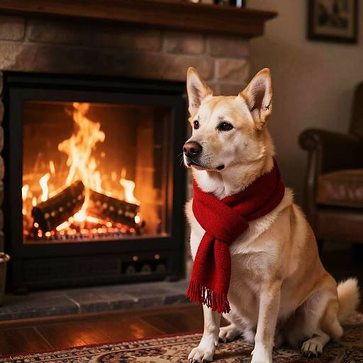 Thoughtful Dog by Fireplace