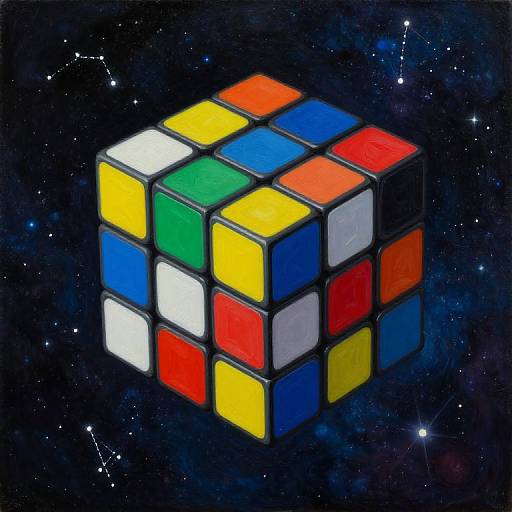 Painted 3D Rubik's Cube with colorful squares (red, blue, yellow, green, white) floating in a starry, cosmic