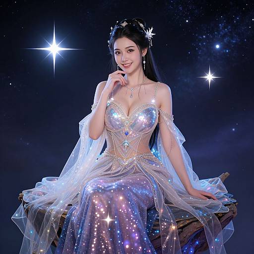 Digital artwork of a smiling Asian woman in a sparkly, star-embellished, off-shoulder gown, seated on a wooden block,