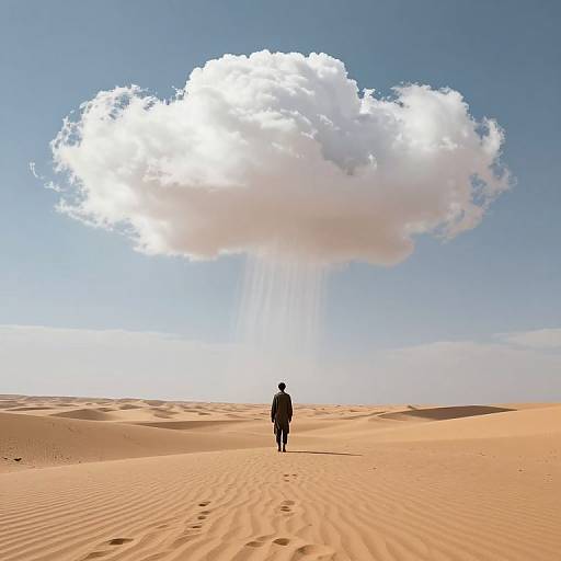Photograph of a solitary figure walking in a desert with rippled sand, beneath a large, white, cloud-like formation with sunlight beams.