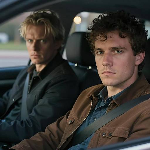 Intense Men in a Blurred Car Scene