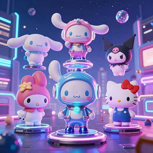 Digital artwork of glowing, chibi-style Hello Kitty characters in futuristic neon city, standing on circular platforms with neon lights.