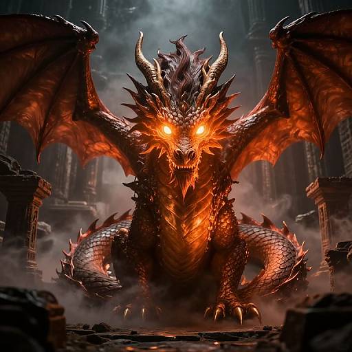 Glowing-Eyed Mythical Dragon in Ruins
