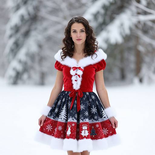 Festive Woman in Snowy Christmas Dress