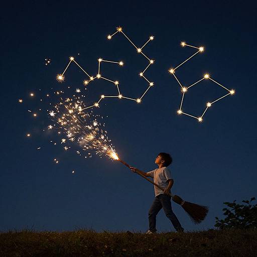 Photograph of a young boy with short hair, wearing a white shirt and jeans, holding a sparkler drawing a constellation against a dark blue night sky