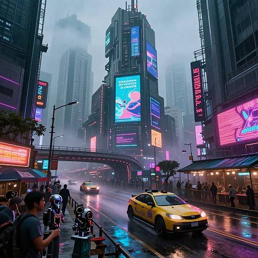 Photograph of a neon-lit, rainy urban street scene in a futuristic city, featuring a yellow taxi, pedestrians, and towering skyscrapers with
