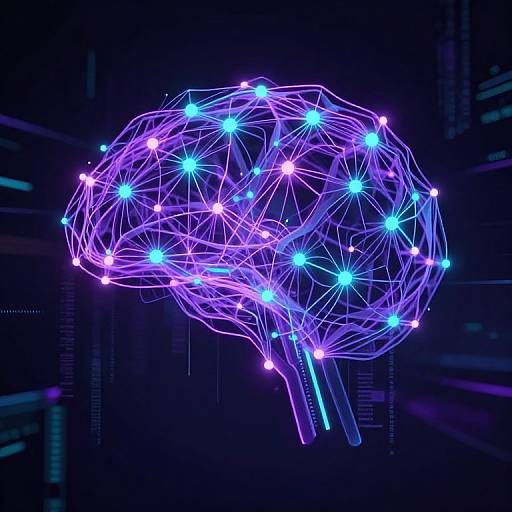Neon digital artwork of a glowing, purple and blue brain wireframe, composed of interconnected lights, set against a dark, tech-themed background.