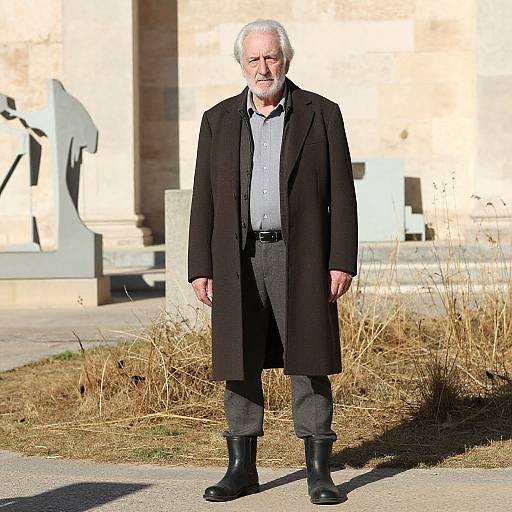 Photograph of an elderly white man with white hair and beard, wearing a black coat, gray pants, and black boots, standing outdoors in front of