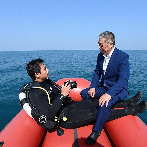 Diver with Camera on Red Raft