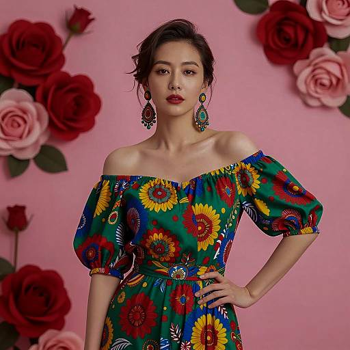 Asian Woman in Colorful Floral Dress with Roses Background