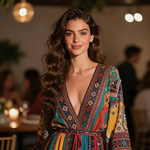 Young Woman in Bohemian Dress at Evening Party