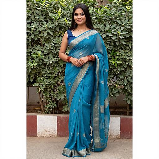 Photograph of a smiling South Asian woman in a blue saree with silver patterns, standing against green foliage, wearing red bangles.