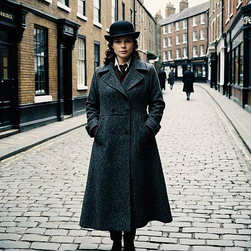 Photograph of a young woman in a dark gray, long wool coat and black hat standing on a cobblestone street in a Victorian-style urban alley