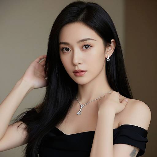 Photograph of an East Asian woman with long black hair, wearing an off-shoulder black top, silver necklace, and earrings, gently touching her