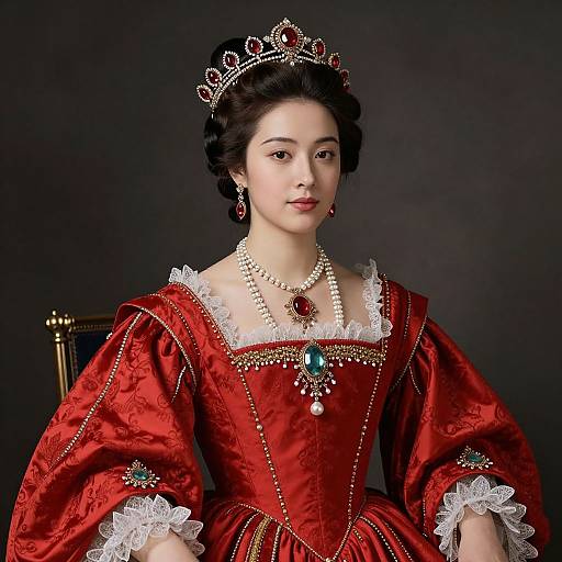 Photograph of a young woman in a regal red velvet dress with white lace trim, adorned with jewels, pearl necklace, and tiara, set