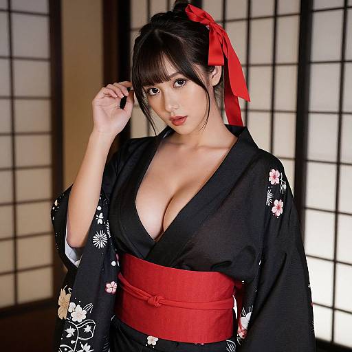 Photograph of an Asian woman in a black floral kimono with deep neckline, red obi, and red hair ribbon, standing in front of traditional