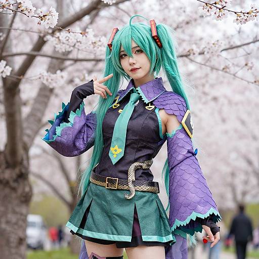Photograph of a young woman in detailed, colorful cosplay with teal pigtails, purple and black dragon-like outfit, and cherry blossom background.