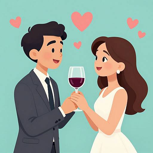Cartoon-style illustration of a smiling couple sharing a glass of red wine, surrounded by pink hearts, against a light blue background. The man wears a