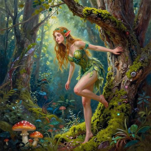 Vibrant Dryad Emerging from Tree