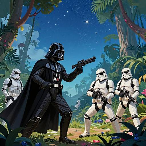 Digital art: Darth Vader, black armor, holding gun, stands in jungle, flanked by two white Stormtroopers, starry night sky above