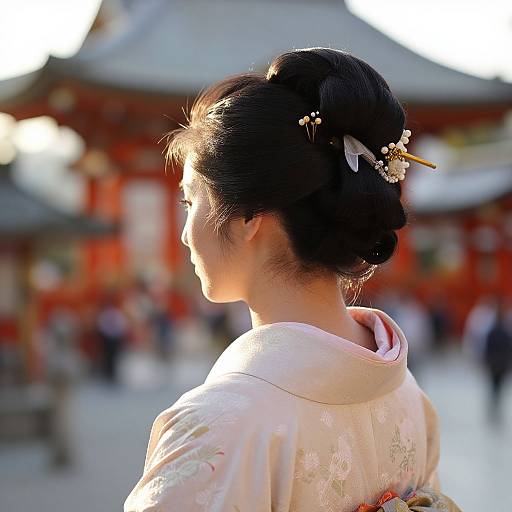Photograph of a Japanese woman with black hair in an elegant updo, adorned with hairpins, wearing a white floral kimono, viewed from the