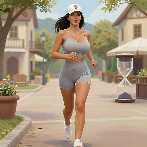 CGI image of a fit woman with tan skin, black hair, wearing a white cap, gray sports bra, and shorts, jogging on a sunny