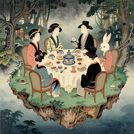 Ethereal painting of four Japanese figures, two women and two men, dining with a white rabbit on a floating grassy island, surrounded by forest