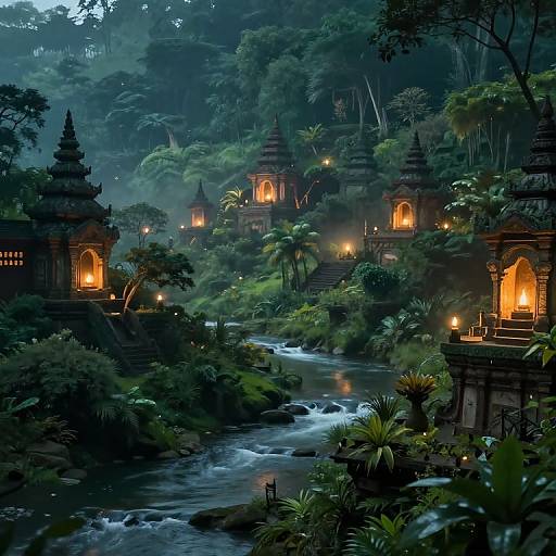 Digital painting of a mystical, moonlit jungle with illuminated ancient stone pagodas along a flowing river, surrounded by lush greenery and mist.