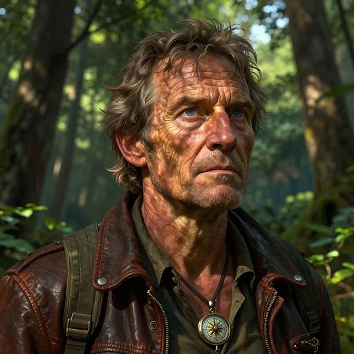 Photorealistic CGI of an aged, rugged man with sun-weathered face, blue eyes, and messy brown hair, wearing a brown leather jacket