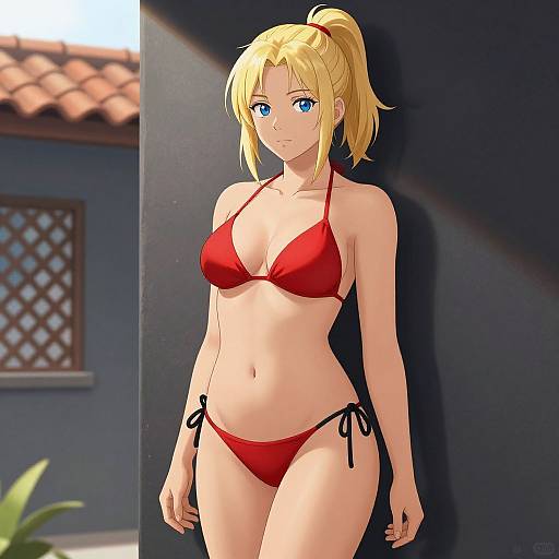 Digital anime-style drawing of a blonde woman with blue eyes in a red bikini, standing against a dark wall, sunlight illuminating her. Background includes a