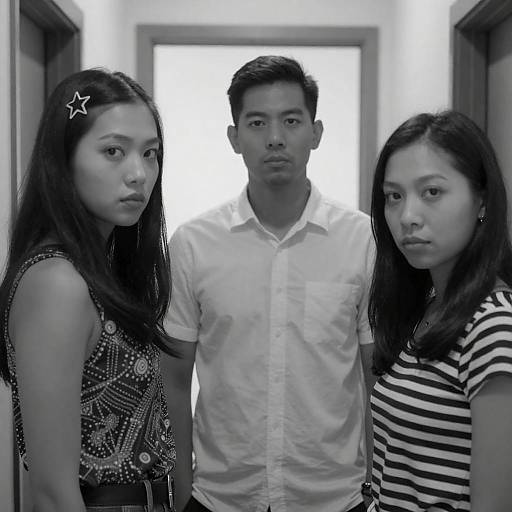 Black and White Portrait of Three Adults in Hallway