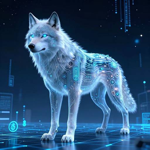 Digital CGI of a glowing, cybernetic white wolf with blue neon eyes and circuit patterns on its fur, standing on a futuristic blue grid background.