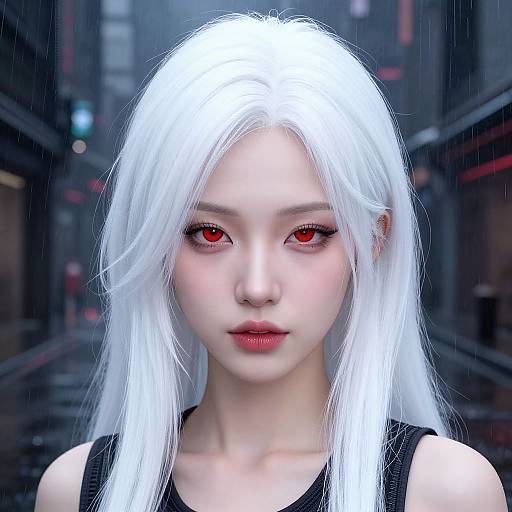 Digital artwork of a pale-skinned, white-haired woman with striking red eyes and red lips, set against a rainy, neon-lit urban background.
